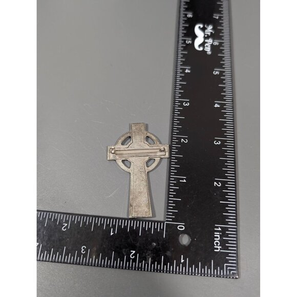 Vintage St Justin Pewter Cross Pin Brooch Celtic Knot Silver Tone - Picture 7 of 7
